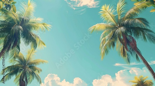 Tropical Landscape with Swaying Palm Trees and Sunny Skies © Sittichok
