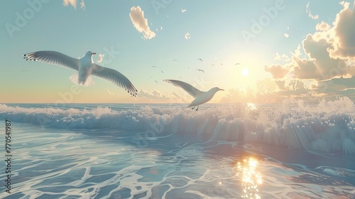 Soaring Seagulls Over Tranquil Coastal Seascape with Vibrant Sunset Sky © Sittichok
