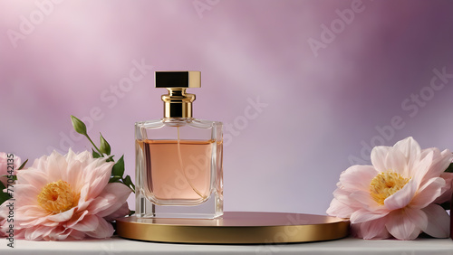 perfumes and flowers on a light background. mockup