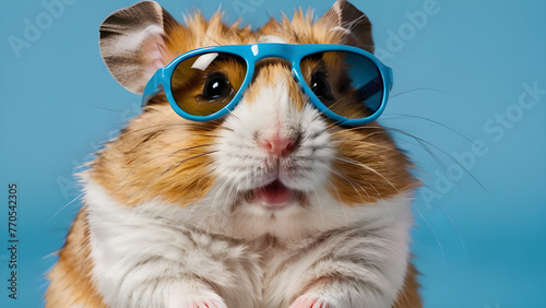 funny hamster on a light blue background wearing sunglasses.the copy space. for a postcard