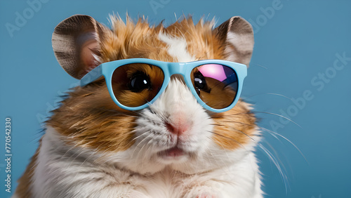 funny hamster on a light blue background wearing sunglasses.the copy space. for a postcard