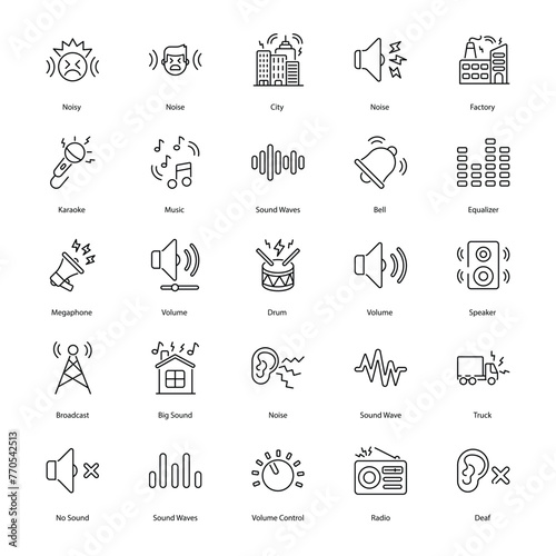 Sound and Noise vector icons set such as, ound waves, volume control, speaker, headphones, audio symbol, stock illustration