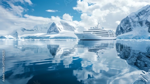 Luxury Cruise Ship in Tranquil Waters of Antarctic Peninsula