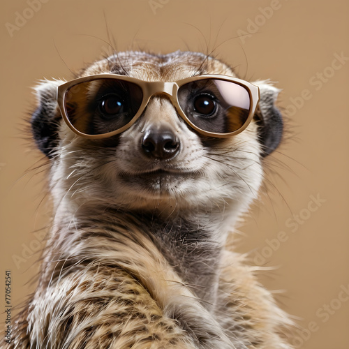 a meerkat on a beige background wearing sunglasses.the copy space. for a postcard