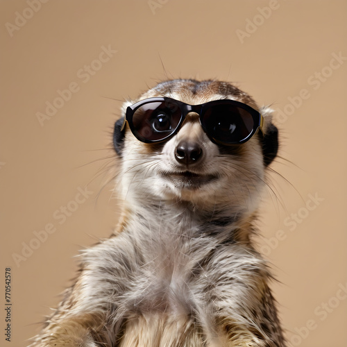 a meerkat on a beige background wearing sunglasses.the copy space. for a postcard