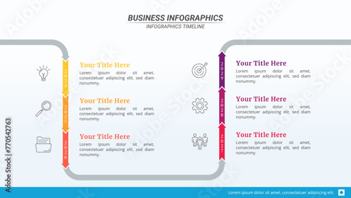 Arrow Timeline Infographic Presentation Template with 6 Steps and Editable Text on a 16:9 Layout for Business Presentations, Management, and Evaluation. photo