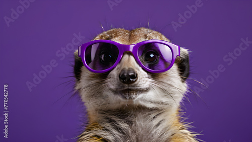 a meerkat on a purple background wearing sunglasses.the copy space. for a postcard