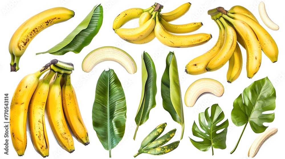 Fresh Bananas and Tropical Leaves Set on a Bright Background. Ideal for Food and Nature Concepts. Perfect for Health and Nutrition Themes. AI