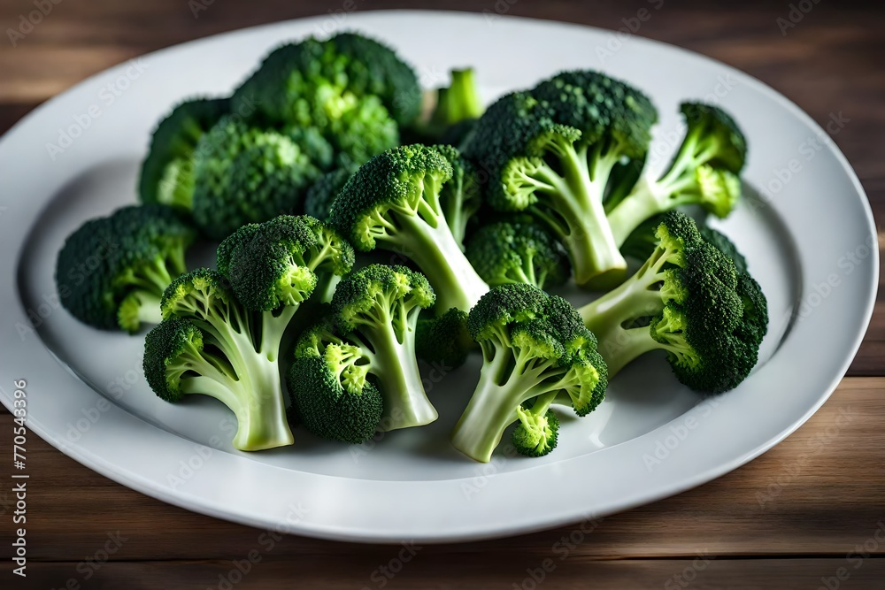 Close-up Flavored Steamed Fresh Broccoli on White Plate Close-up Flavored Steamed Fresh Broccoli on White Plate