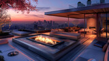 A serene urban oasis featuring a glowing fire pit, comfortable seating, and a stunning sunset over the city skyline