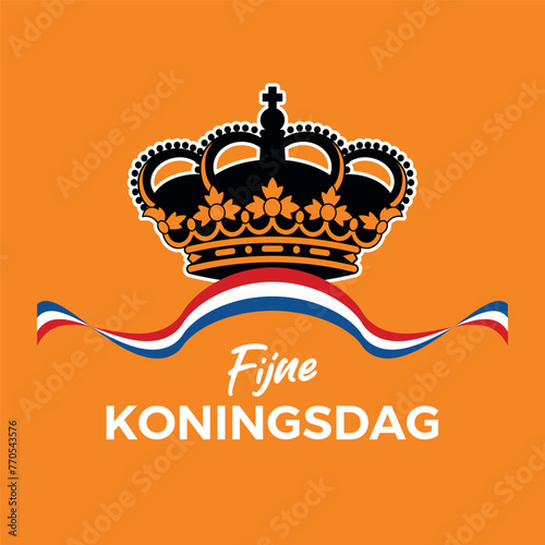 Fijne Koningsdag King's Day poster vector illustration. Royal crown and dutch flag ribbon icon isolated on orange background. Netherlands flag symbol. Template for background, banner, card. April 27