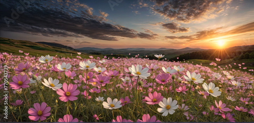 A natural and serene scenery of a colorful flower meadow in full bloom. A fresh image flower field filled with pink and white cosmos blooms  mountain in background on a sunset with amazing sky