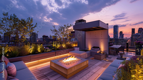 This sophisticated rooftop space blends lush garden elements with a stylish fire feature against a city backdrop