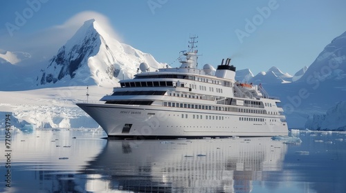 Luxury Cruise Ship Sailing in Antarctic Waters With Majestic Icebergs