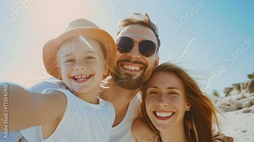 Happy family enjoying a sunny day at the beach, capturing memories. Portrait of joy, holiday vibe, casual style. Perfect for travel and lifestyle themes. AI