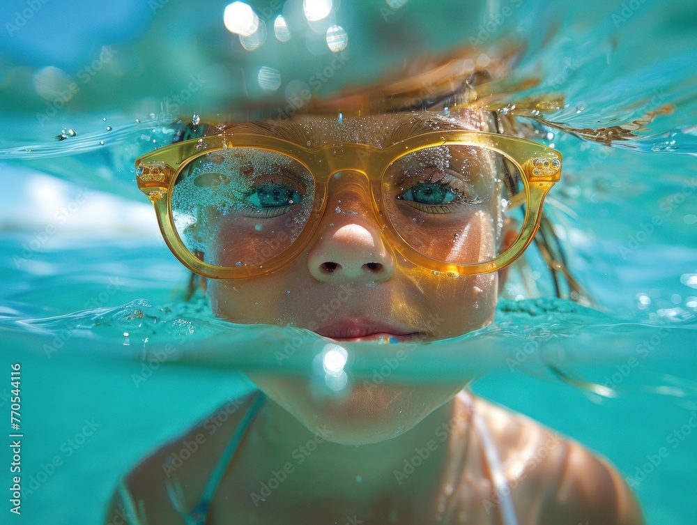 Naklejka premium A young girl wearing goggles is swimming in a pool with an inflatable air ring around her waist.