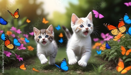 Cats playing with butterflies in garden