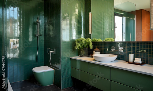 3d render of modern bathroom with green tile walls  concrete floor and green bathtub with round mirror