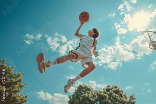 Professional basketball player in midair with ball during game on sunny day, showing athleticism and skill
