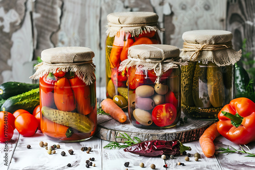 set pickled cucumbers tomatoes sweet peppers olives and carrots in jars on a wooden brown table