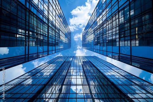 bottom view reflective modern skyscrapers business office buildings on blue sky background