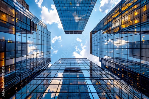 bottom view reflective modern skyscrapers business office buildings on blue sky background
