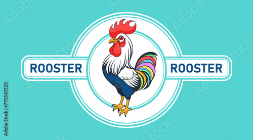 Vector important rooster with a colorful tail. Domestic bird. Sticker, label or emblem.