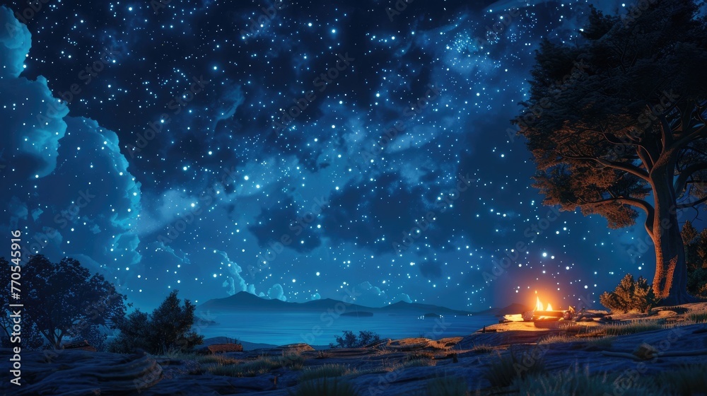 Captivating Starry Night Sky Over Serene Lakeside Campsite in Forested Wilderness