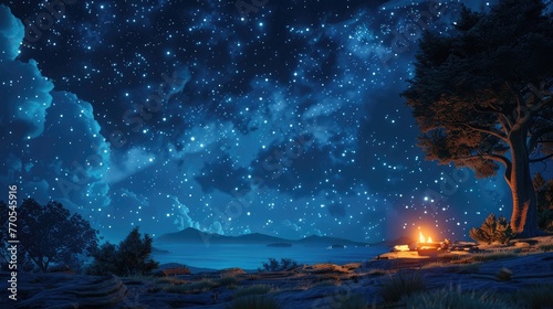 Captivating Starry Night Sky Over Serene Lakeside Campsite in Forested Wilderness