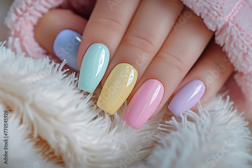 bright fashionable women s manicure on nails with gel varnish  design and decoration of nails in the salon
