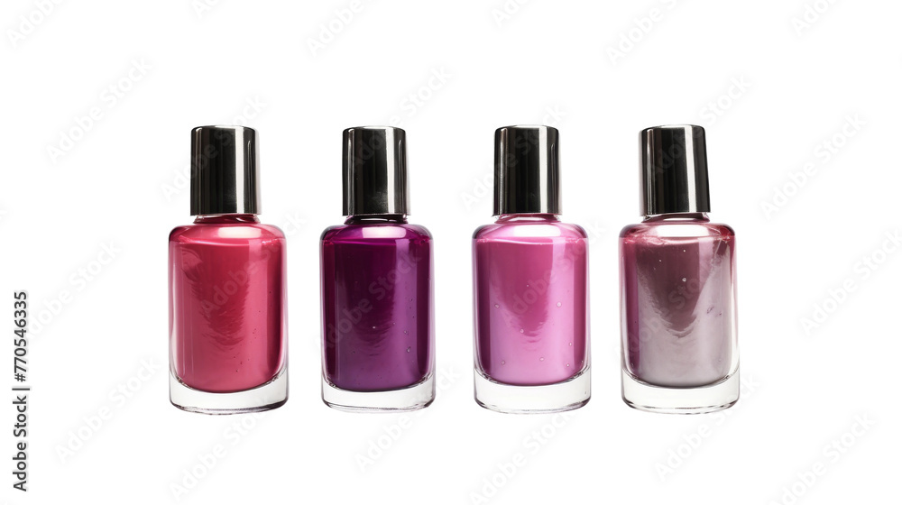 Three Bottles of Nail Polish Arranged Together. On a White or Clear Surface PNG Transparent Background.