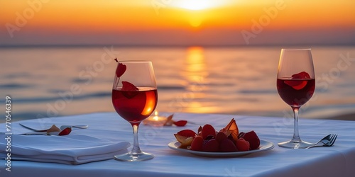 Romantic dinner on the beach at sunset. Two glasses of wine on the table near the sea.