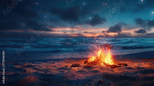 Cozy Bonfire on a Tranquil Beach at Dusk with Mesmerizing Ocean Waves and Glowing Sky