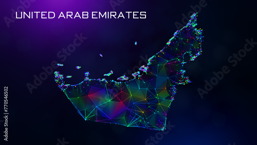 Futuristic United Arab Emirates Map Polygonal Blue Purple Colorful Connected Lines And Dots Network Wireframe With Text On Hazy Flare Bokeh Background