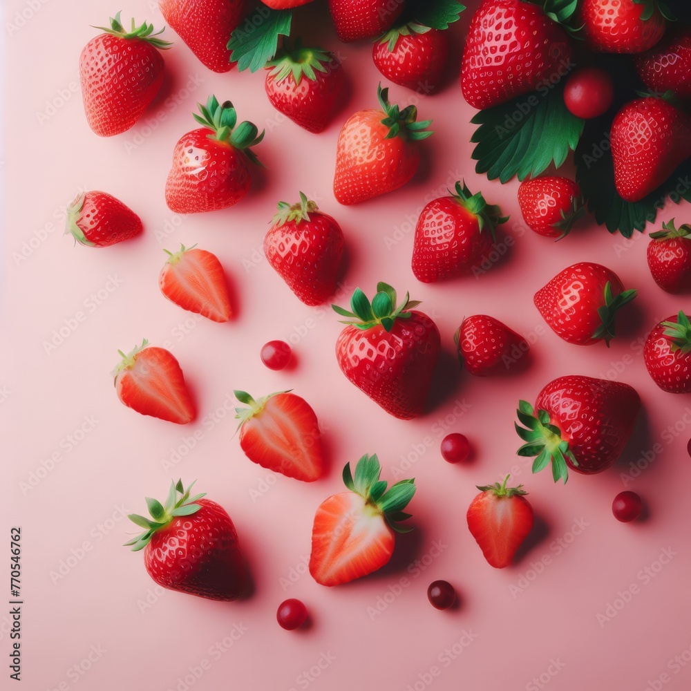 Fresh strawberries spread out on a pink surface, with some cut in half, showcasing the juicy interior. The composition radiates a summery and sweet vibe. AI generation Fresh strawberries spread out on a pink surface, with some cut in half, showcasing the juicy interior. The composition radiates a summery and sweet vibe. AI generation