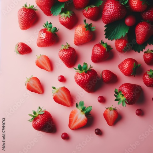 Fresh strawberries spread out on a pink surface, with some cut in half, showcasing the juicy interior. The composition radiates a summery and sweet vibe. AI generation