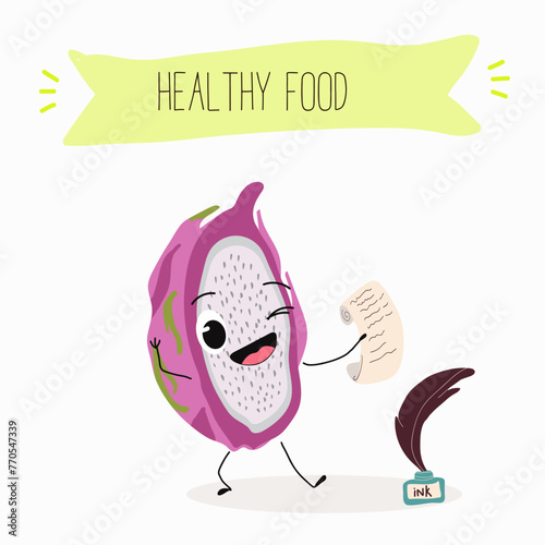 Cute characters pitaya, dragon fruit, pitahaya with different activities. Flat vector illustration, funny fruits. Smiling mascot for kids menu decoration.