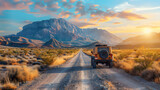 An SUV travels down a dusty road in a vast desert landscape, with the sun setting behind majestic mountains, under a sky painted with hues of orange and blue