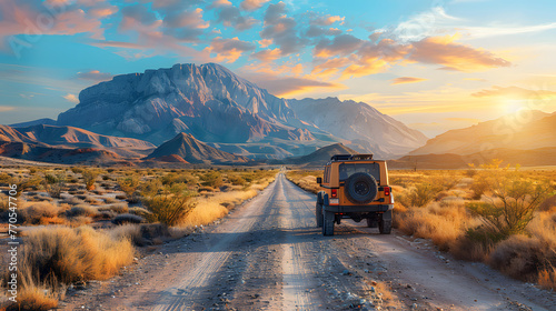 An SUV travels down a dusty road in a vast desert landscape, with the sun setting behind majestic mountains, under a sky painted with hues of orange and blue photo