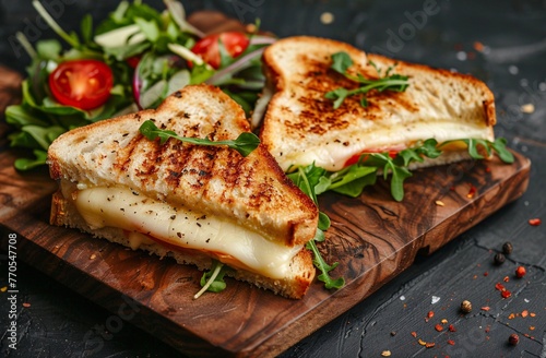 vintage style of grilled cheese sandwich on wooden board with salad