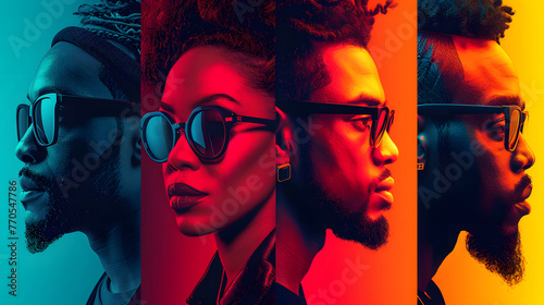 Profile portraits of a fashionable man and woman with sunglasses in a striking blue and red duo tone lighting effect photo