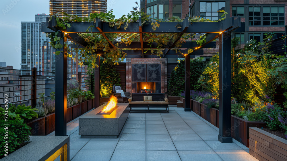 This image captures an elegant rooftop patio with a central fire ... - Luxury Rooftop Apartment Patio Designs With Fire Pit