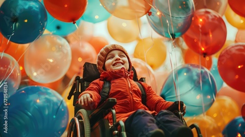happy child with disability in a wheelchair among multi-colored balloons enjoying life and smiling