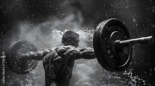 Freeze-frame the explosive power of a weightlifter mid-lift, the barbell straining against the sheer force of their muscles. photo