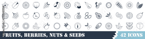 Set of 42 outline icons related to Spring fruits, berries, nuts and seeds . Vector linear icon collection. Editable stroke.	
