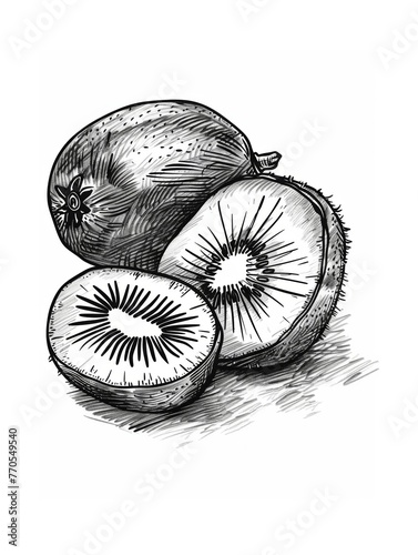A detailed sketch of a kiwi fruit, perfect for use in a variety of design projects. The kiwi is isolated on a white background, making it easy to use in any composition. © Helen-HD