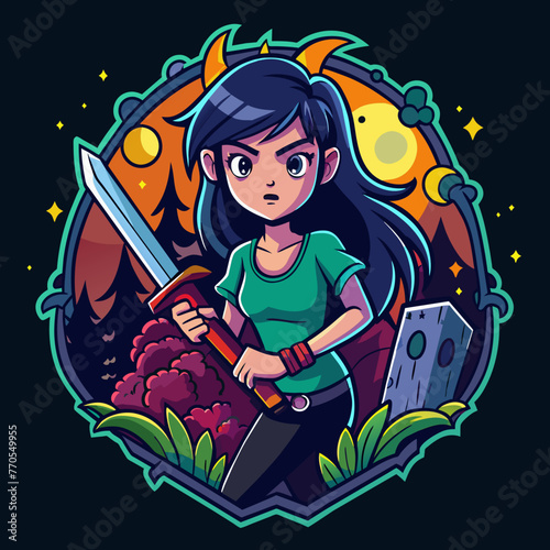 Summon the Chills Design a spine-tingling t-shirt sticker featuring a horror girl wielding a menacing sword in the dead of night