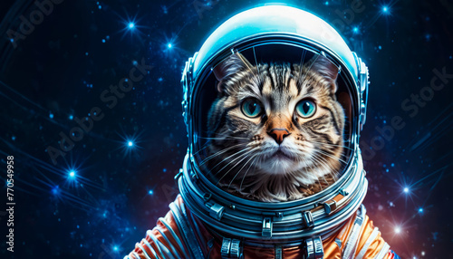 Cute cat astronaut in outer space. The character of a dreamy adventure funny cartoon for children about space exploration.