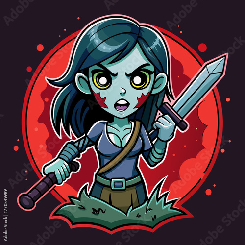 Summon the Chills Design a spine-tingling t-shirt sticker featuring a horror girl wielding a menacing sword in the dead of night