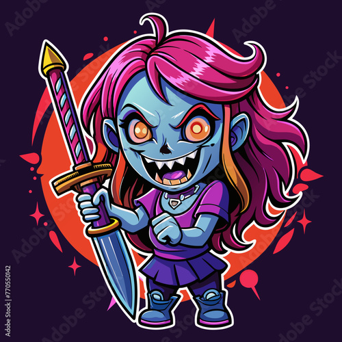 Summon the Chills Design a spine-tingling t-shirt sticker featuring a horror girl wielding a menacing sword in the dead of night